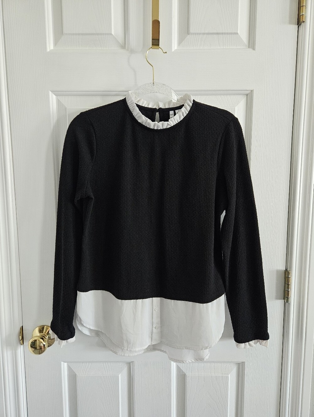 NWOT ELLE Mixed Media Black Knit Sweater With White Satin Blouse